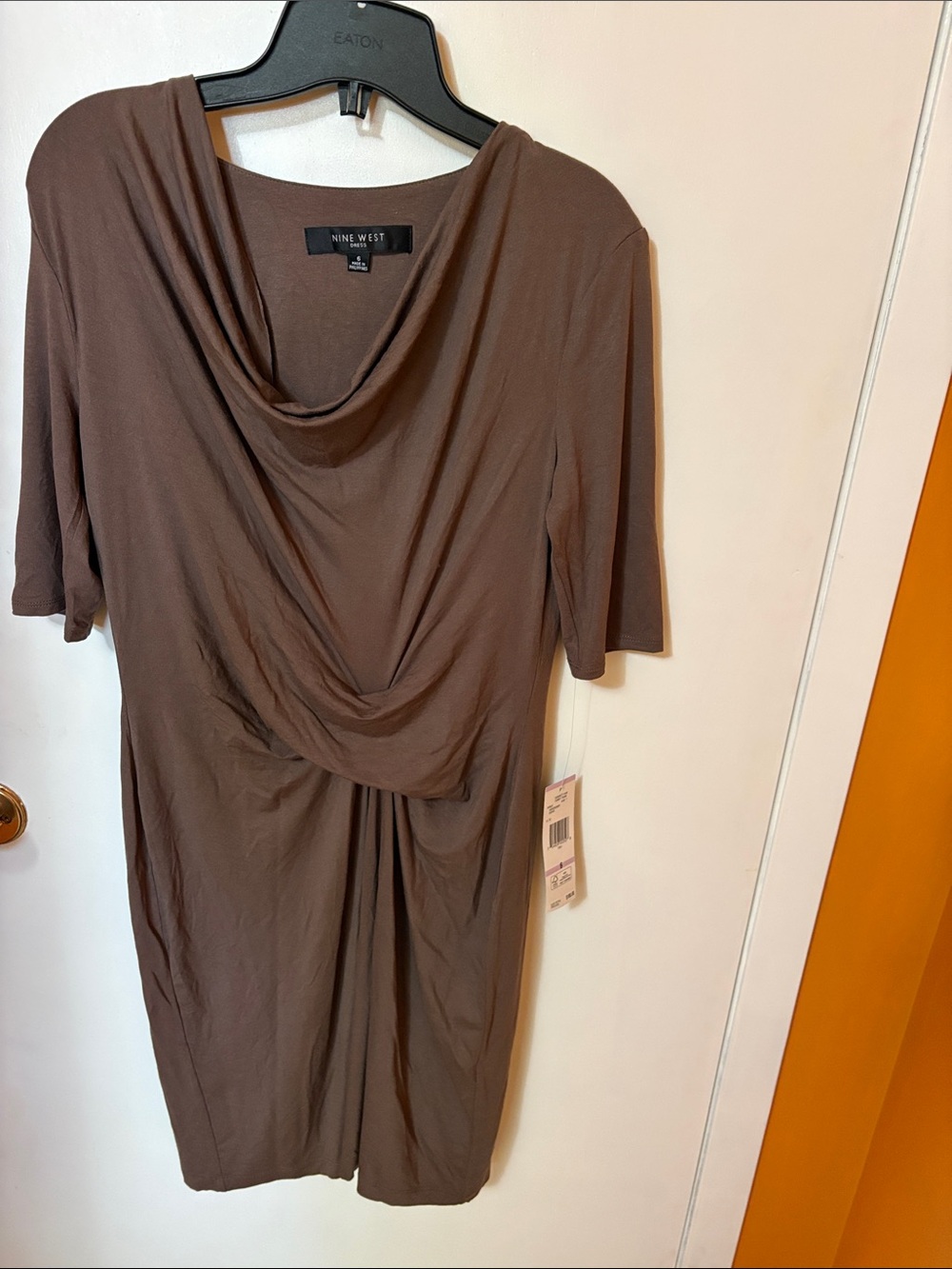 Nine West Brown Draped Cowl-Neck Midi Dress